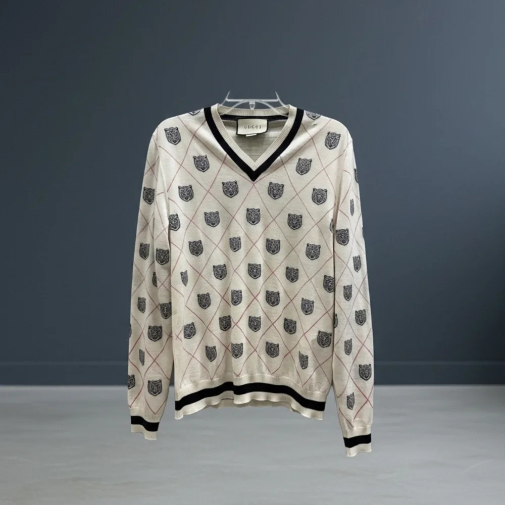 Gucci Tiger Head Sweater Size Small Argyle Pullover Authentic *small flaw*